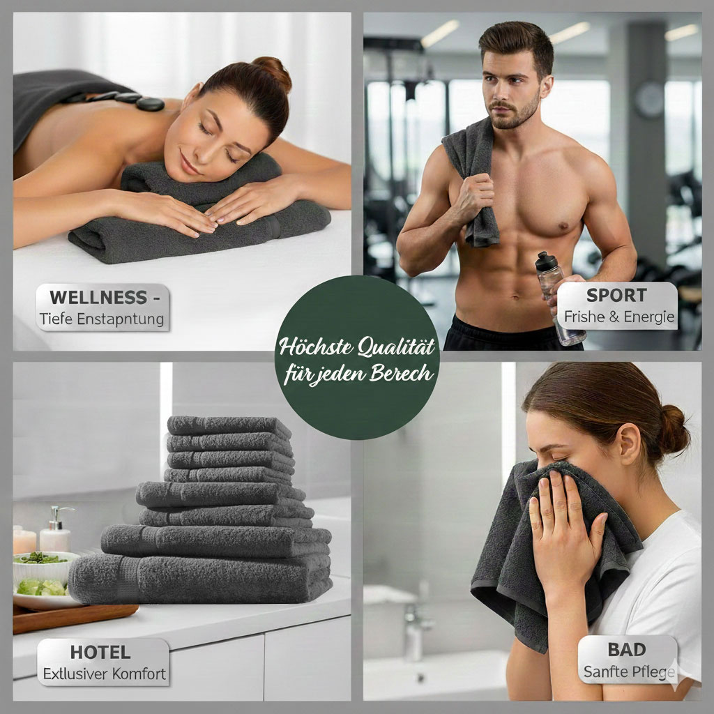 4er Set 2X Handtuch + 2X Duschtuch in Schwarz | 500g/m² | 100% Baumwolle