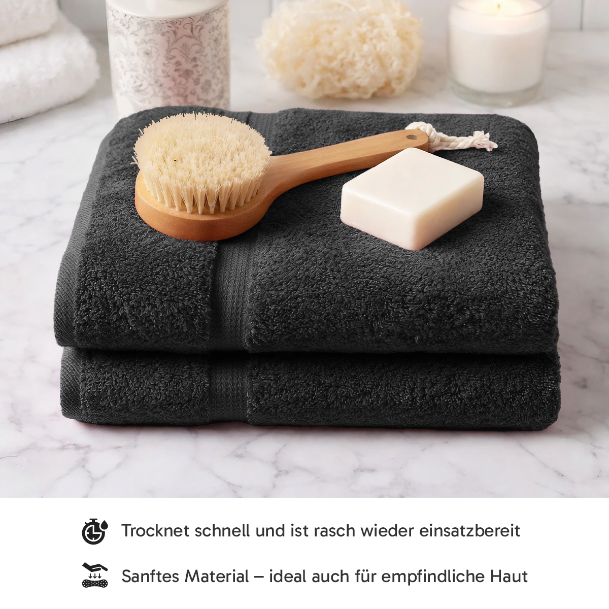 4er Set 2X Handtuch + 2X Duschtuch in Schwarz | 500g/m² | 100% Baumwolle