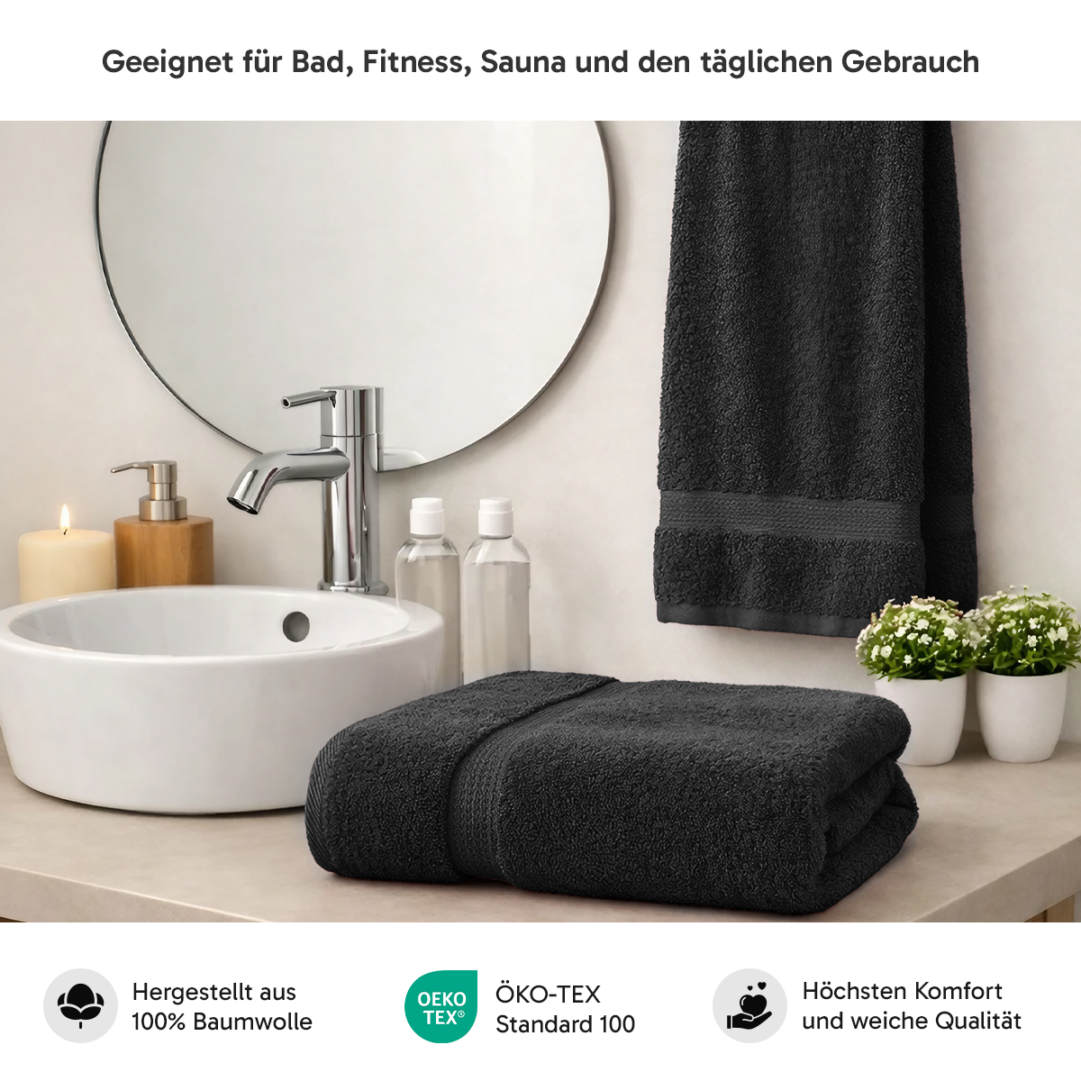 4er Set 2X Handtuch + 2X Duschtuch in Schwarz | 500g/m² | 100% Baumwolle