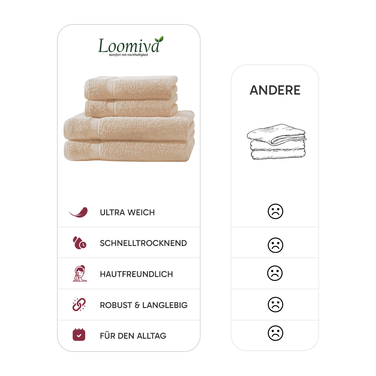 4er Set 2X Handtuch + 2X Duschtuch in Beige | 500g/m² | 100% Baumwolle