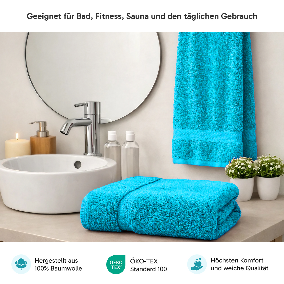 4er Set 2X Handtuch + 2X Duschtuch in Türkis | 500g/m² | 100% Baumwolle