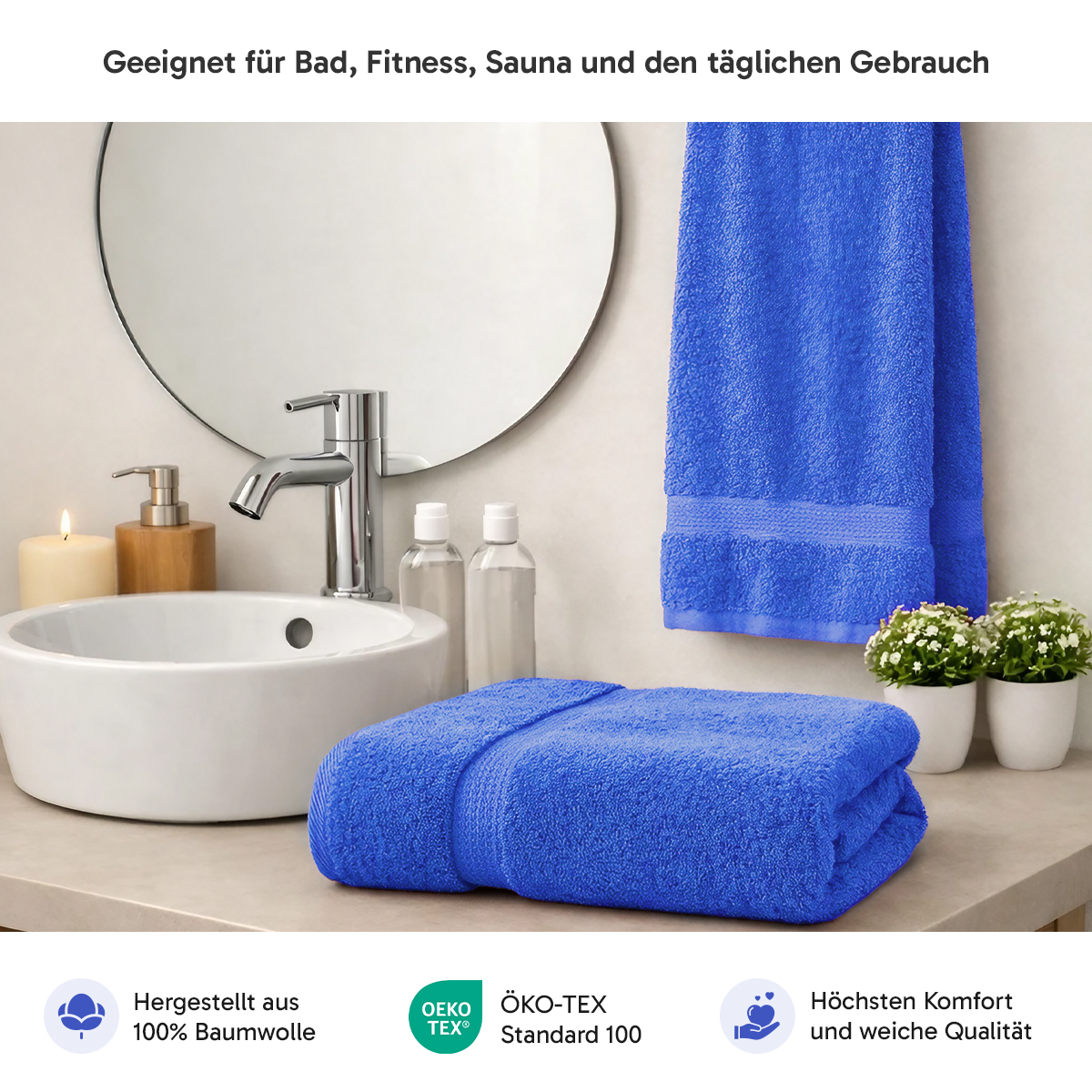 Frottier Set 2X Handtuch + 2X Duschtuch | 500g/m² | 100% Baumwolle | ideal für Reisen & Gym und Sport | Öko-TEX Standard 100 | Royal