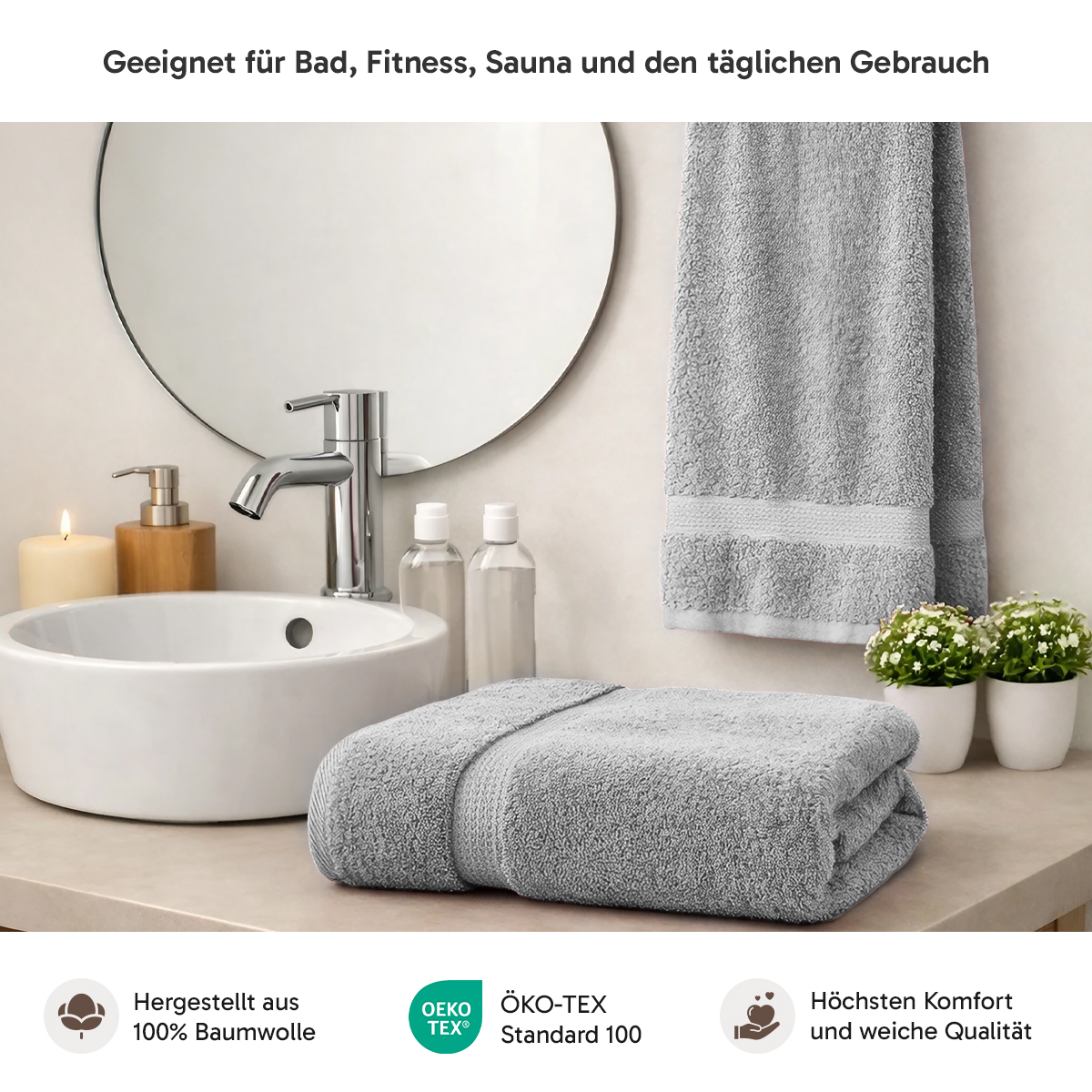 Loomiva Frottier Set 4x Handtuch + 2X Duschtuch | 500g/m² | 100% Baumwolle | Extra Weich | Öko-TEX Standard 100 | Silber