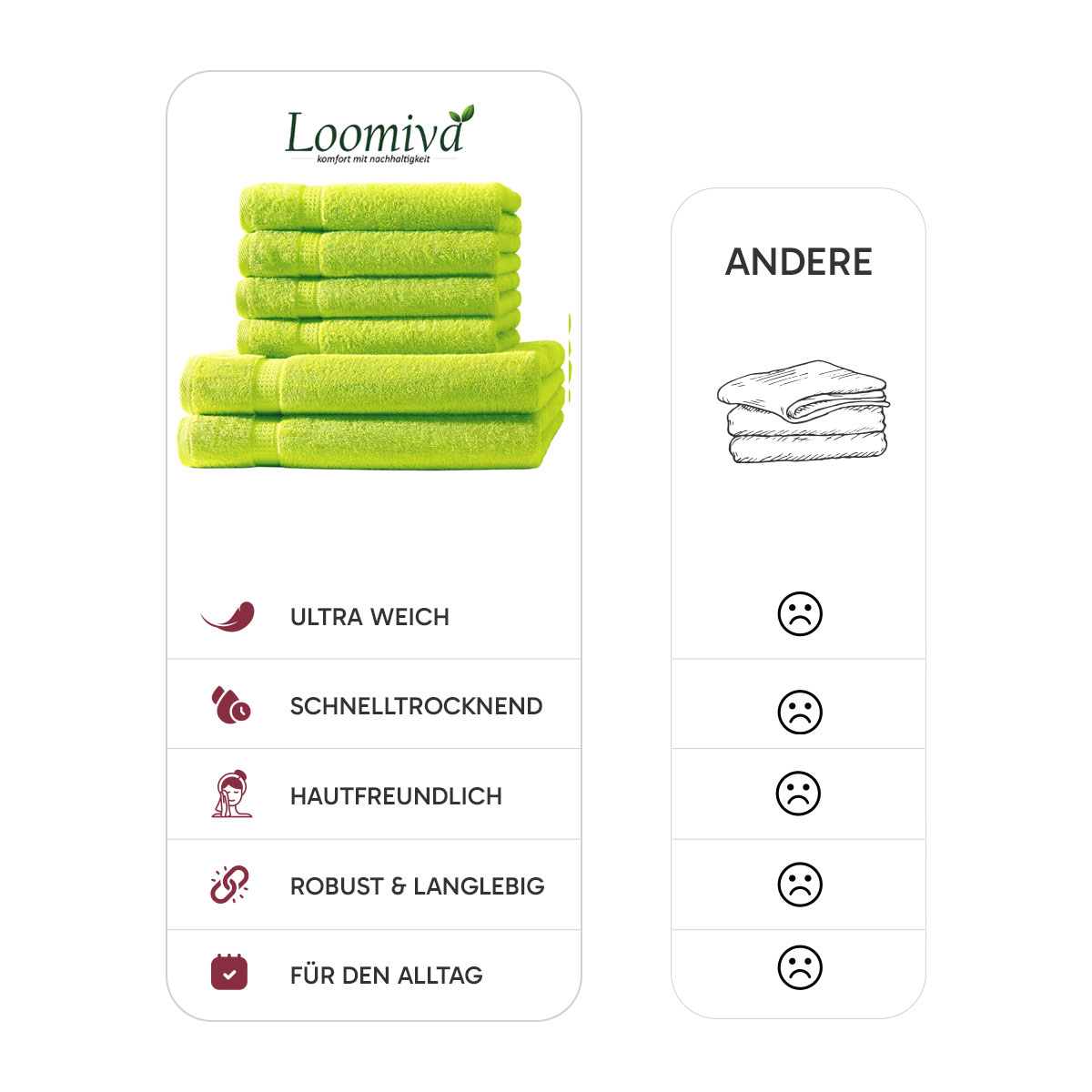 Loomiva Frottier Set 4x Handtuch + 2X Duschtuch | 500g/m² | 100% Baumwolle | Extra Weich | Öko-TEX Standard 100 | Apfelgruen