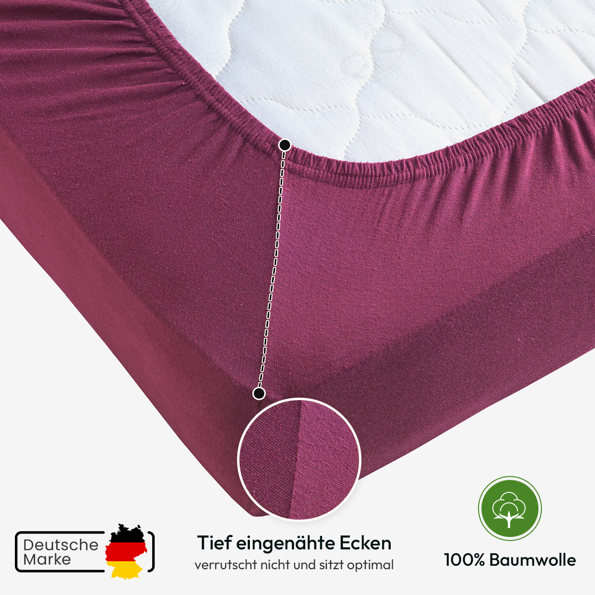 Jersey Spannbettlaken 140gsm in große 90-100x200+30 cm | Bordeaux / Weinrot Farbe