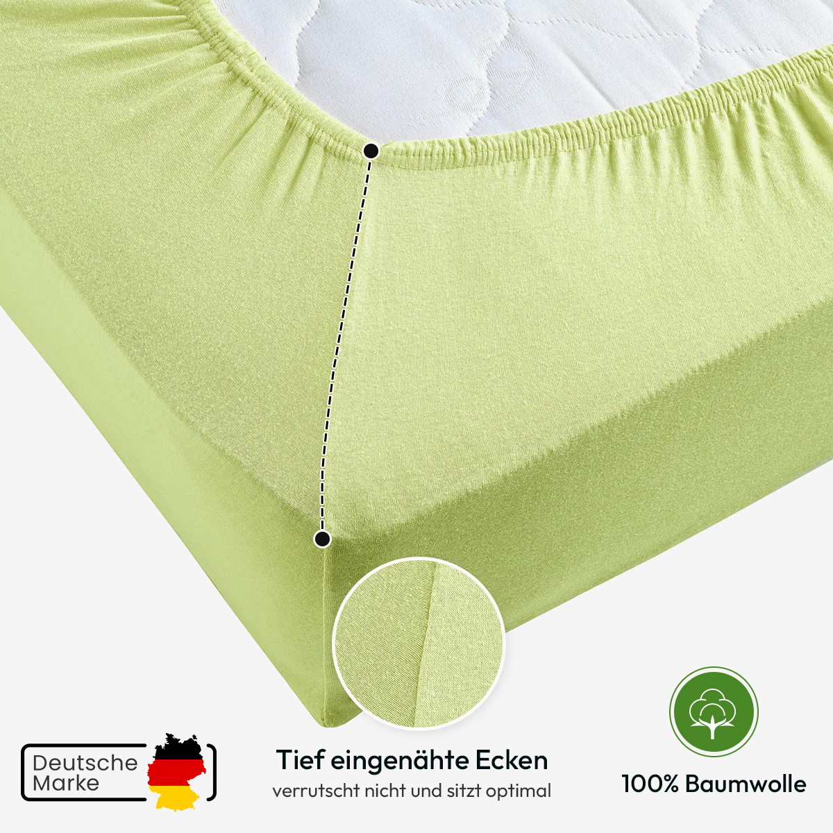 Jersey Spannbettlaken 140gsm in große 90-100x200+30 cm | Apfelgruen / Kiwi Farbe