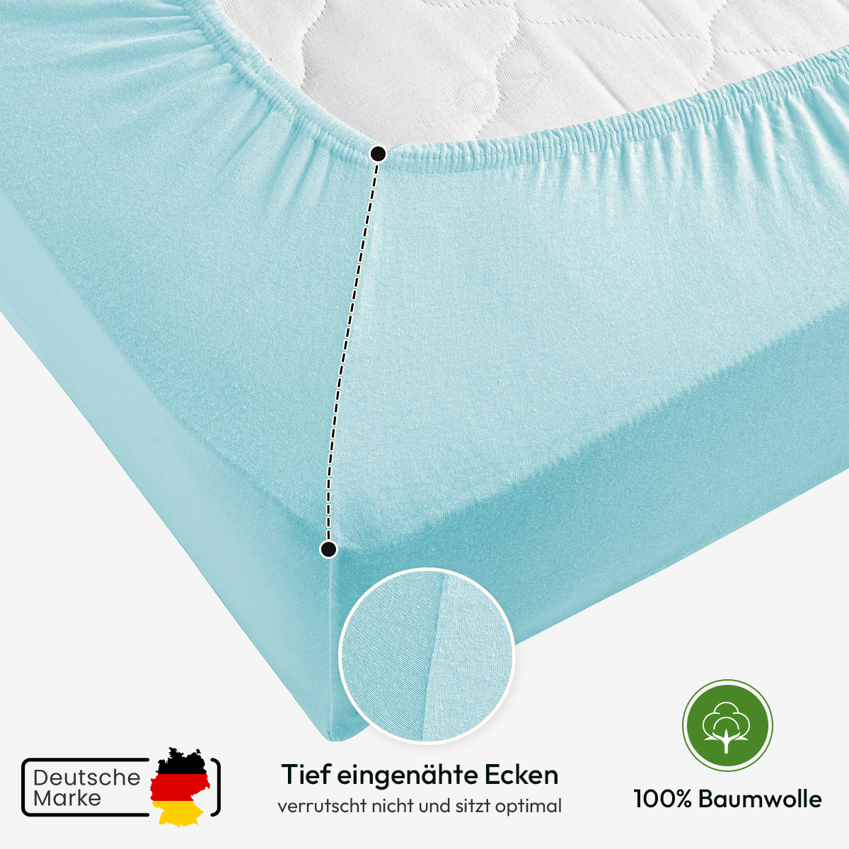 Jersey Spannbettlaken 140gsm in große 140-160x200+30 cm | Aqua / Lagune Farbe