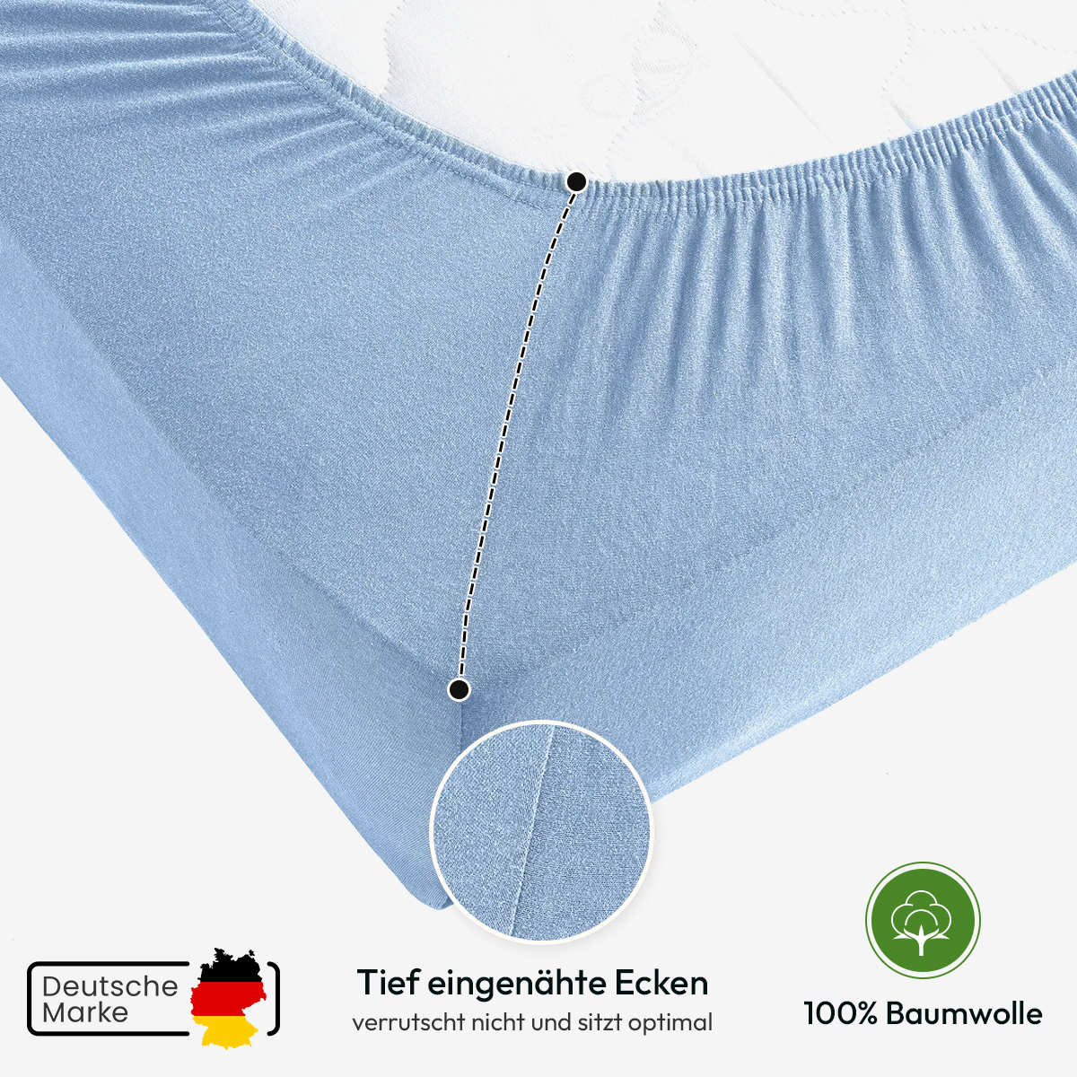Jersey Spannbettlaken 140gsm in große 140-160x200+30 cm | Bleu / Hellblau Farbe